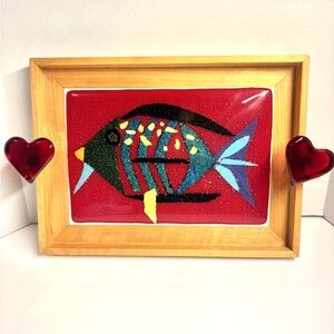 Vintage Handmade Teak Wooden Tray Blown Glass Fish with Heart Handles